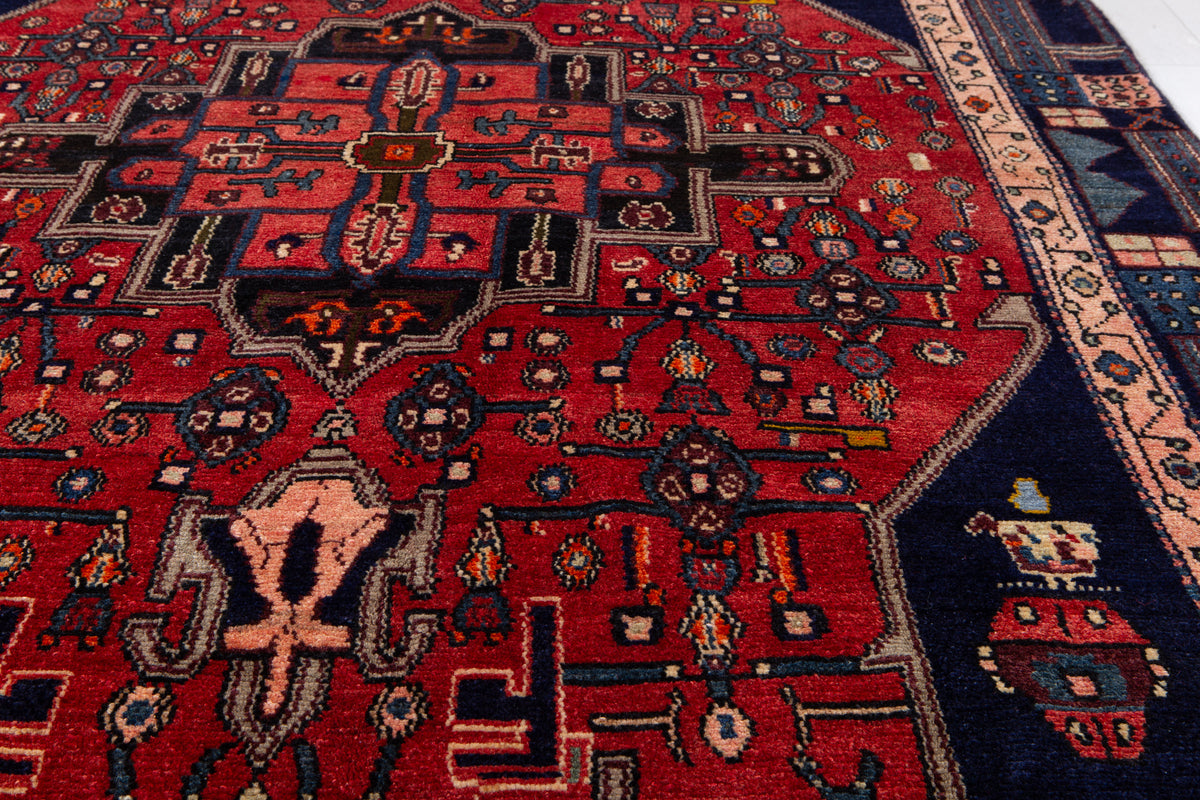 Rare Collectible Vintage Red & Navy Blue Geometric Medallion Wool Rug – 9' 0" x 4' 11" (274 x 151 cm)