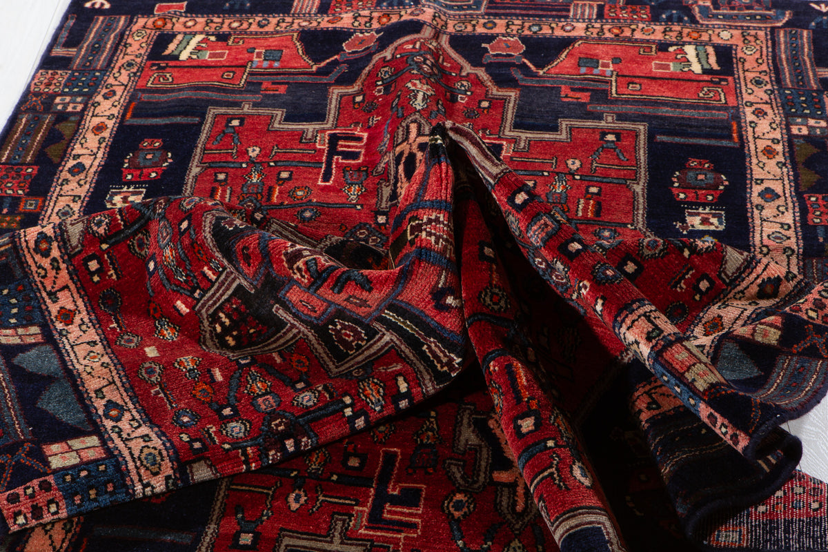 Rare Collectible Vintage Red & Navy Blue Geometric Medallion Wool Rug – 9' 0" x 4' 11" (274 x 151 cm)