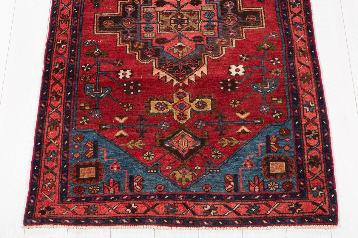 Vintage Repeating Medallion Runner Rug, Red & Blue – 9' 7" x 3' 5" (293 x 104 cm)