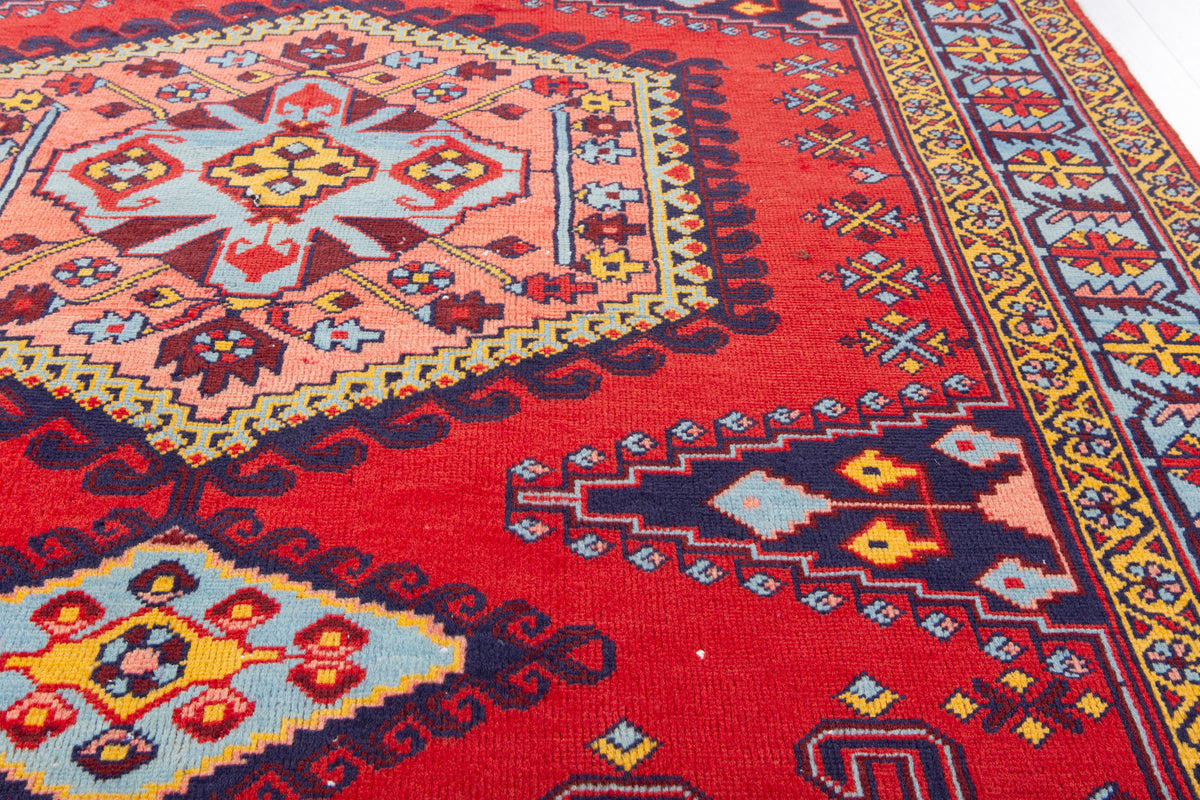 Vintage Orange Red & Pink Geometric Medallion Wool Rug – 6' 9" x 5' 1" (206 x 156 cm)