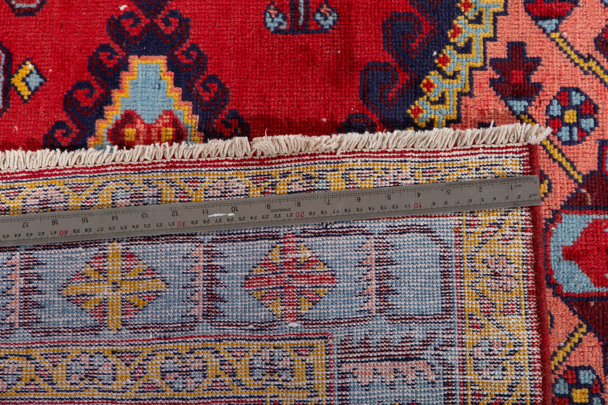 Vintage Orange Red & Pink Geometric Medallion Wool Rug – 6' 9" x 5' 1" (206 x 156 cm)