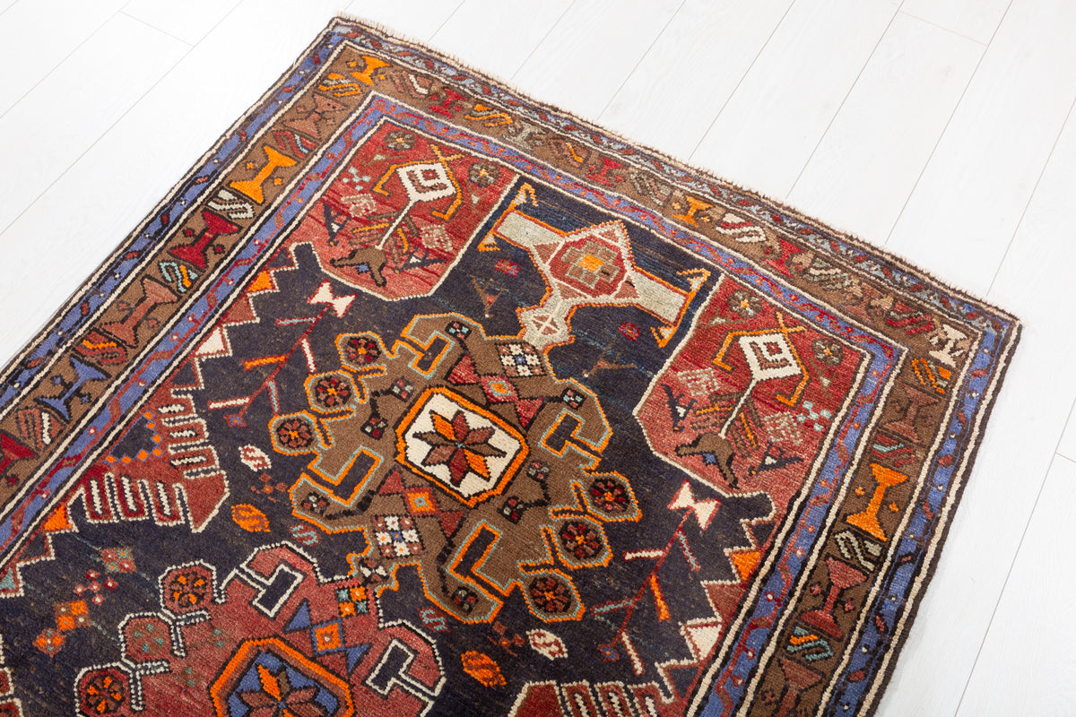 Vintage Geometric Medallion Runner Rug, Navy Blue & Rust Red – 7' 9" x 3' 7" (236 x 108 cm)