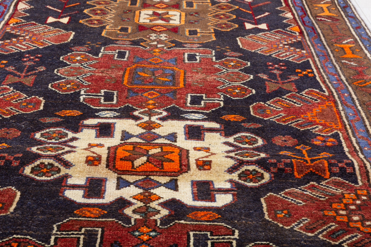 Vintage Geometric Medallion Runner Rug, Navy Blue & Rust Red – 7' 9" x 3' 7" (236 x 108 cm)
