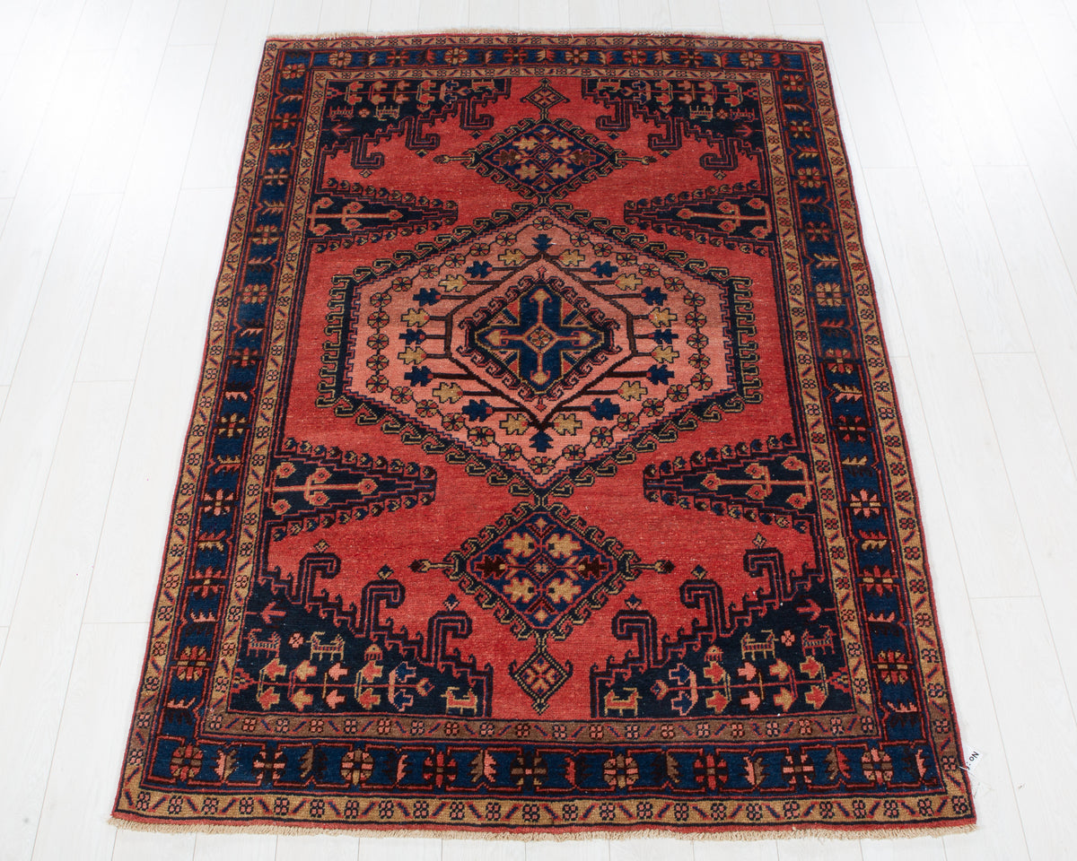 Collectible Vintage Orange Red, Blue & Pink Hand-Knotted Wool Rug – 7' 3" x 5' 1" (220 x 154 cm)