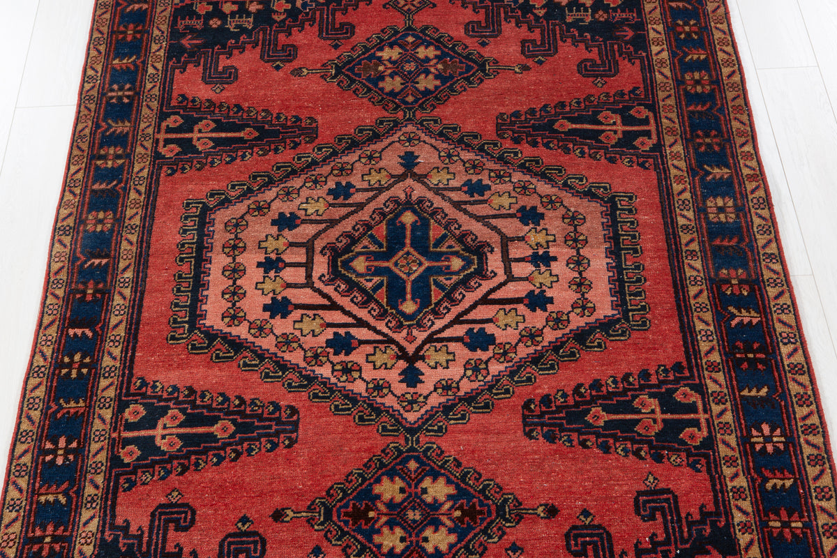 Collectible Vintage Orange Red, Blue & Pink Hand-Knotted Wool Rug – 7' 3" x 5' 1" (220 x 154 cm)