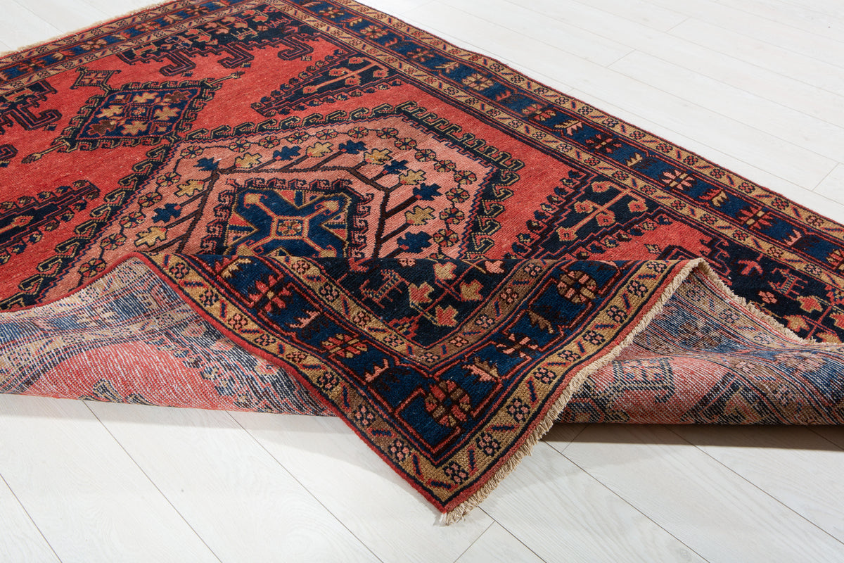 Collectible Vintage Orange Red, Blue & Pink Hand-Knotted Wool Rug – 7' 3" x 5' 1" (220 x 154 cm)