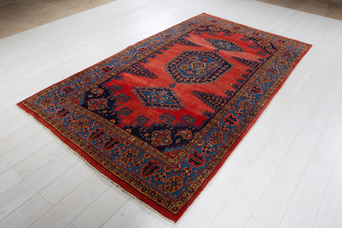 Collectible Vintage Orange Red & Blue Hand-Knotted Wool Rug – 8' 11" x 5' 2" (272 x 158 cm)