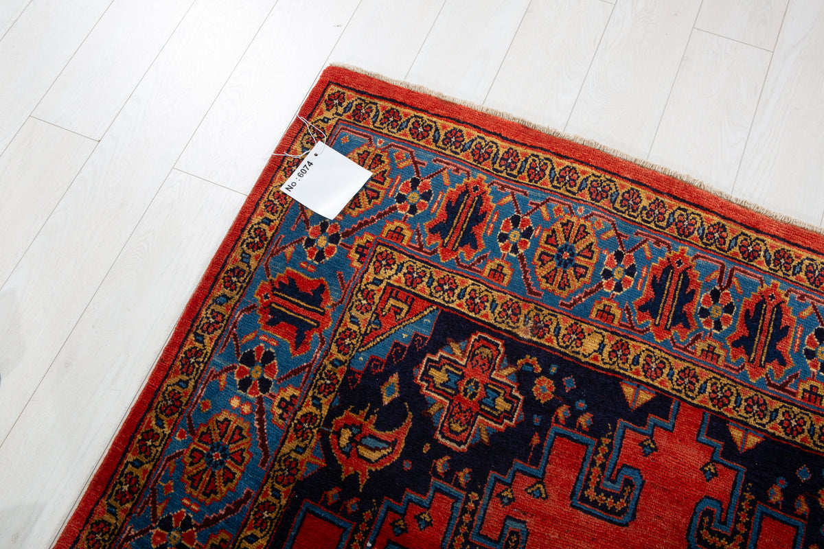 Collectible Vintage Orange Red & Blue Hand-Knotted Wool Rug – 8' 11" x 5' 2" (272 x 158 cm)