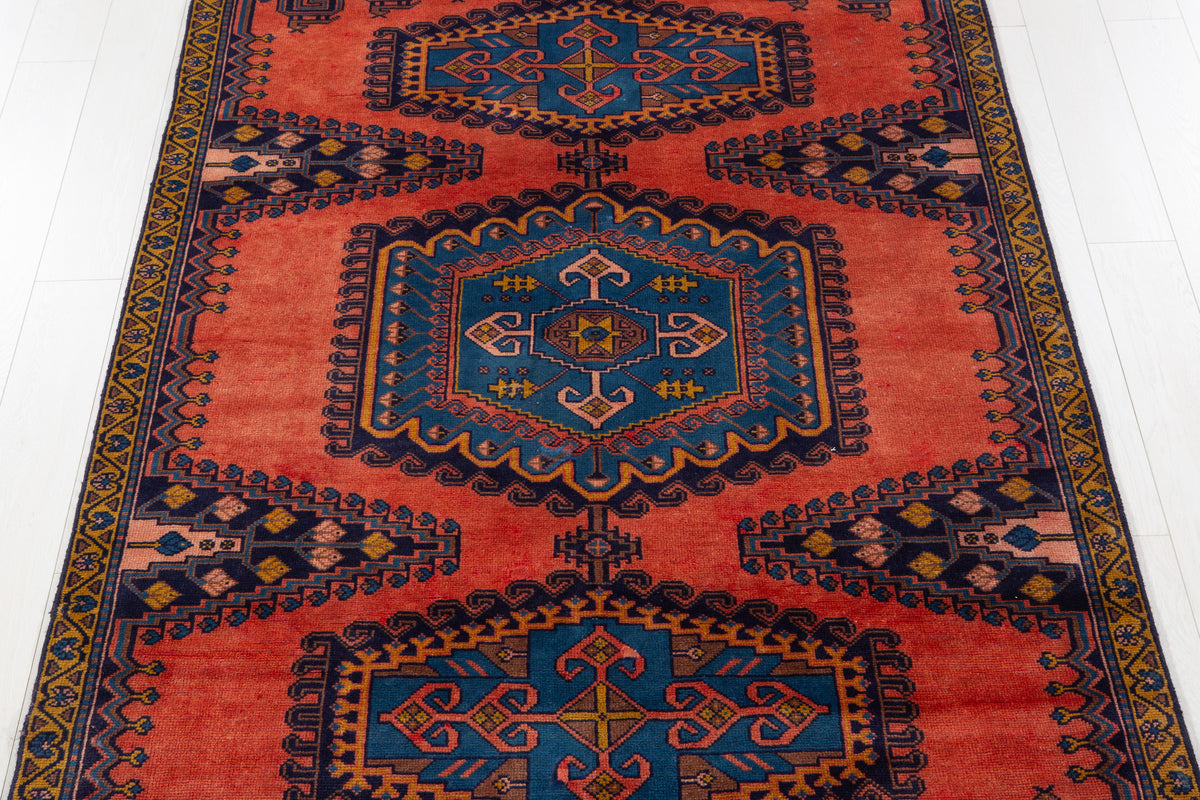Collectible Vintage Orange Red & Blue Hand-Knotted Wool Rug – 8' 6" x 5' 0" (260 x 153 cm)