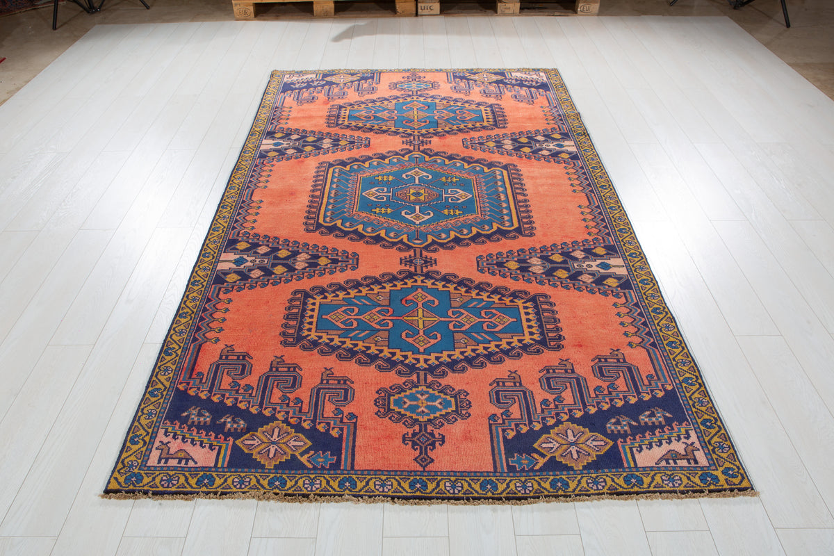 Collectible Vintage Orange Red & Blue Hand-Knotted Wool Rug – 8' 6" x 5' 0" (260 x 153 cm)