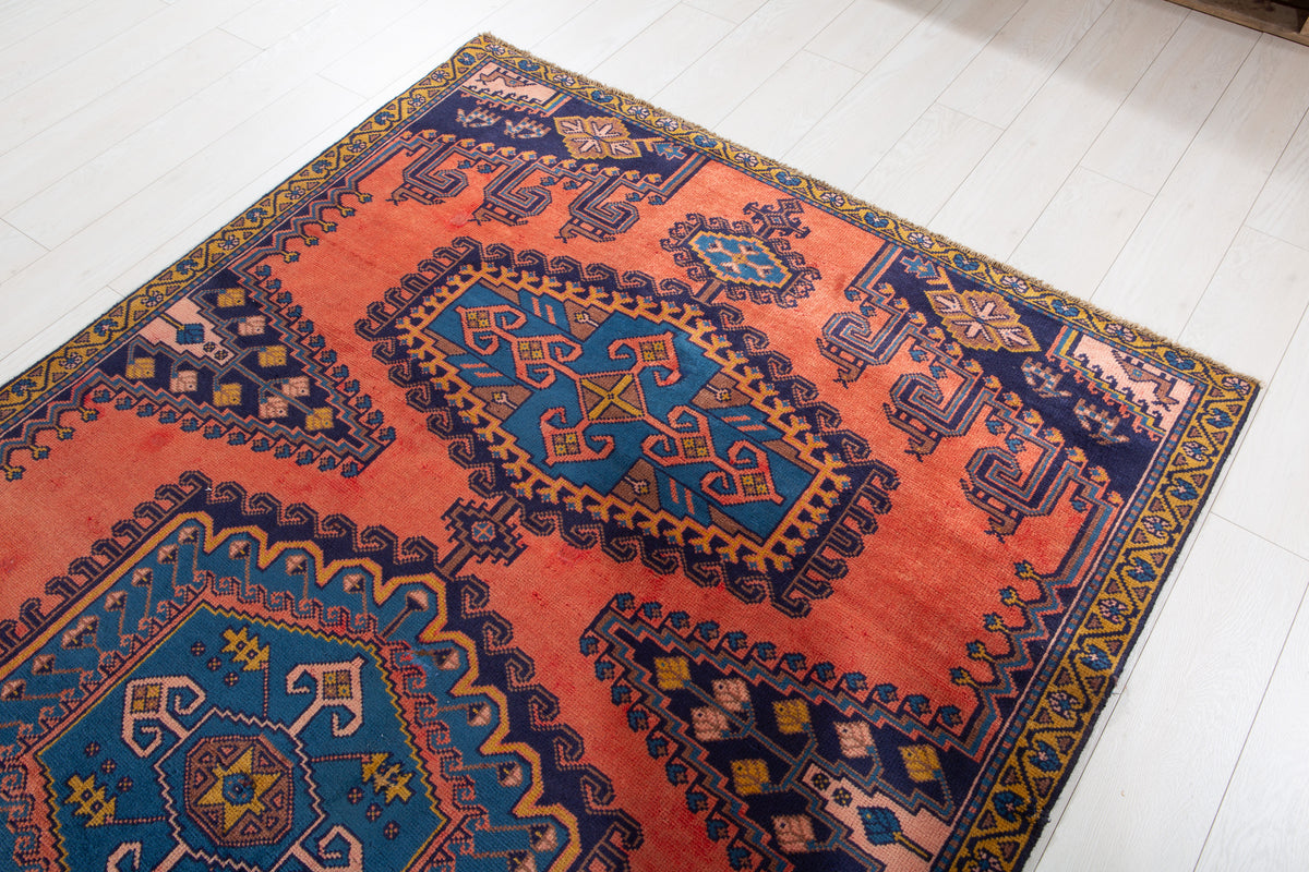Collectible Vintage Orange Red & Blue Hand-Knotted Wool Rug – 8' 6" x 5' 0" (260 x 153 cm)