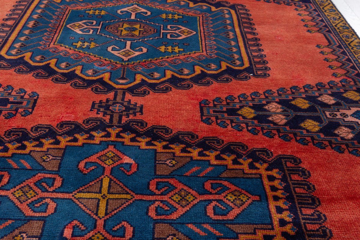 Collectible Vintage Orange Red & Blue Hand-Knotted Wool Rug – 8' 6" x 5' 0" (260 x 153 cm)