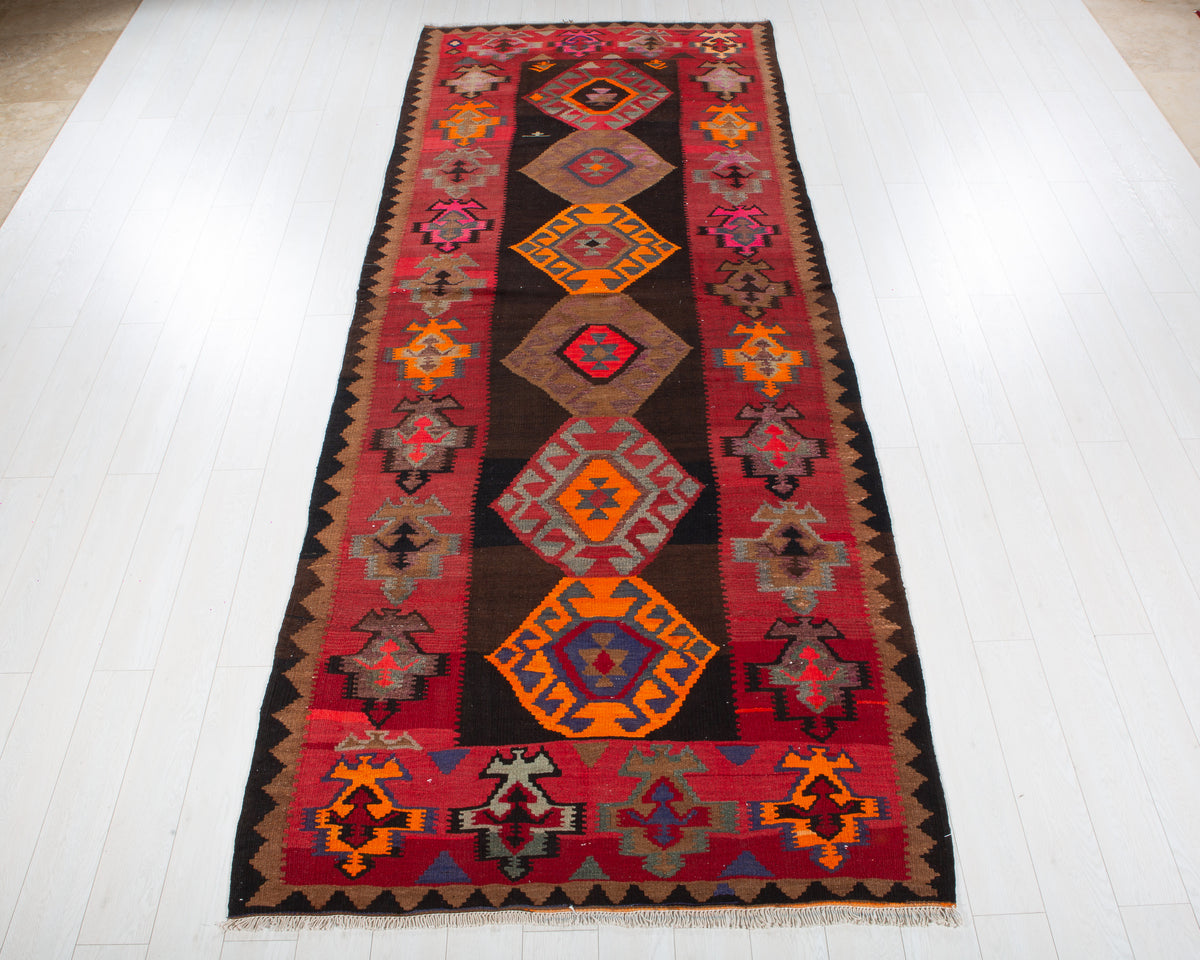 Vintage Black & Red Handwoven Kilim – 11' 10" x 4' 10" (361 x 147 cm)