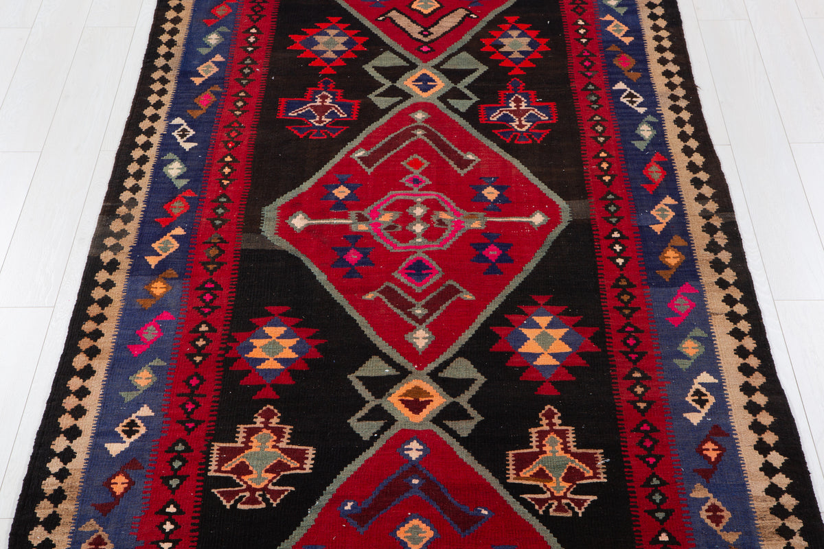 Vintage Deep Navy Blue, Pink & Red Handwoven Kilim – 13' 0" x 4' 11" (396 x 151 cm)