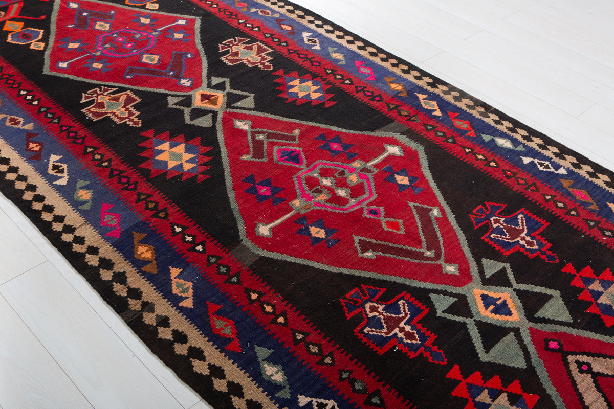 Vintage Deep Navy Blue, Pink & Red Handwoven Kilim – 13' 0" x 4' 11" (396 x 151 cm)