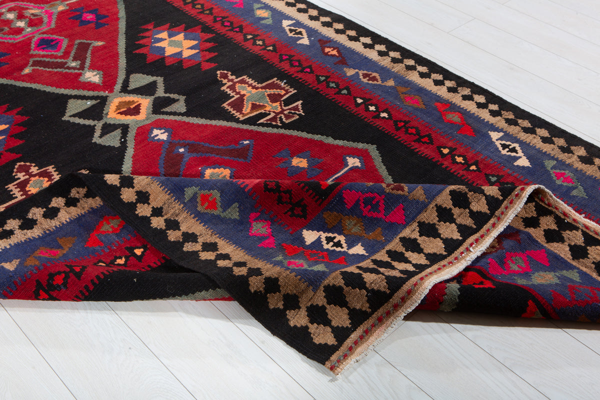Vintage Deep Navy Blue, Pink & Red Handwoven Kilim – 13' 0" x 4' 11" (396 x 151 cm)