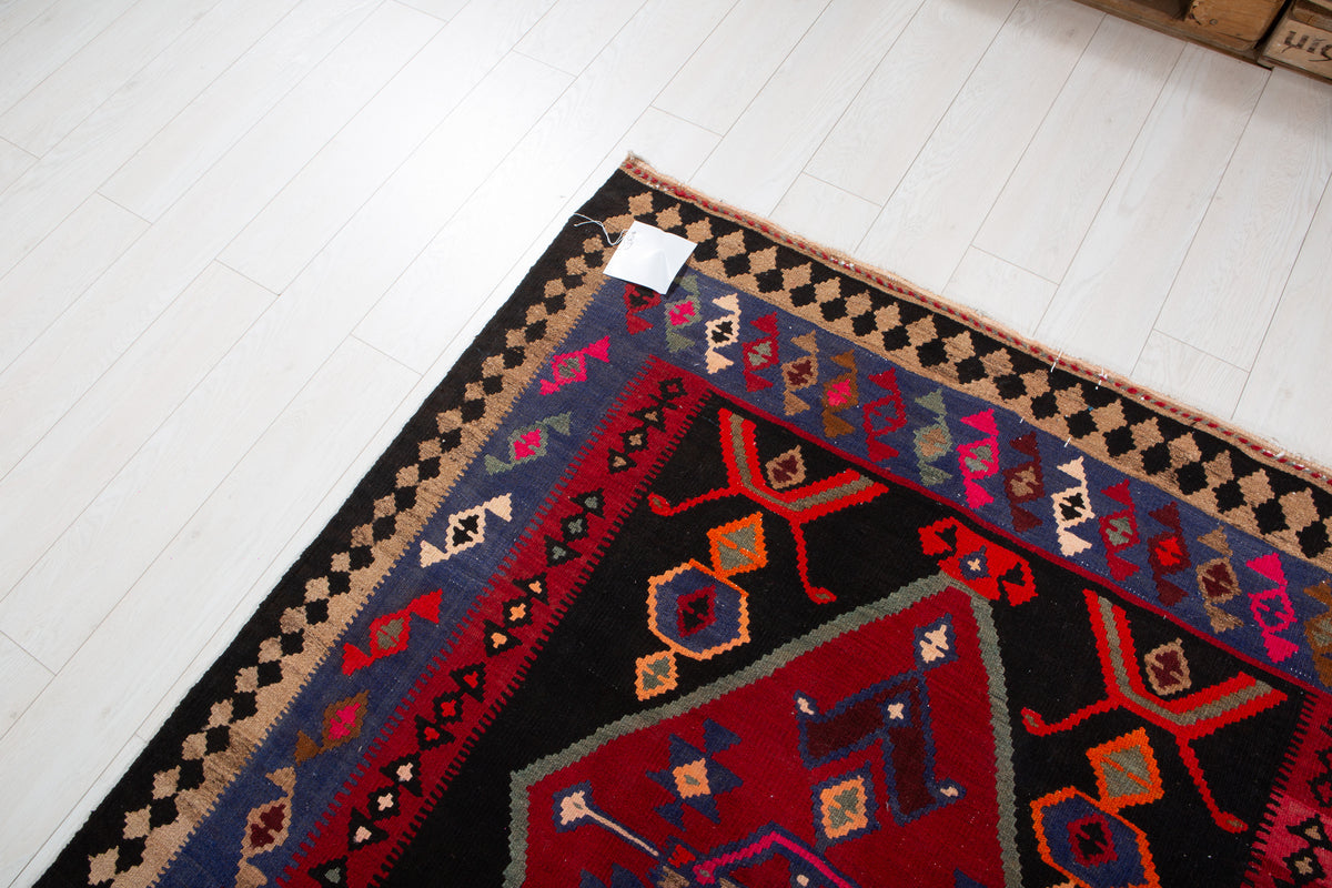 Vintage Deep Navy Blue, Pink & Red Handwoven Kilim – 13' 0" x 4' 11" (396 x 151 cm)