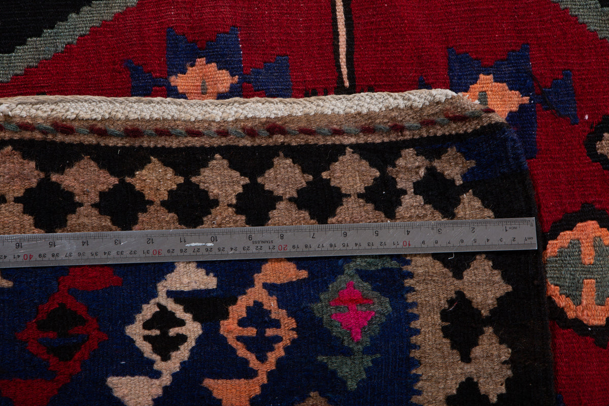 Vintage Deep Navy Blue, Pink & Red Handwoven Kilim – 13' 0" x 4' 11" (396 x 151 cm)