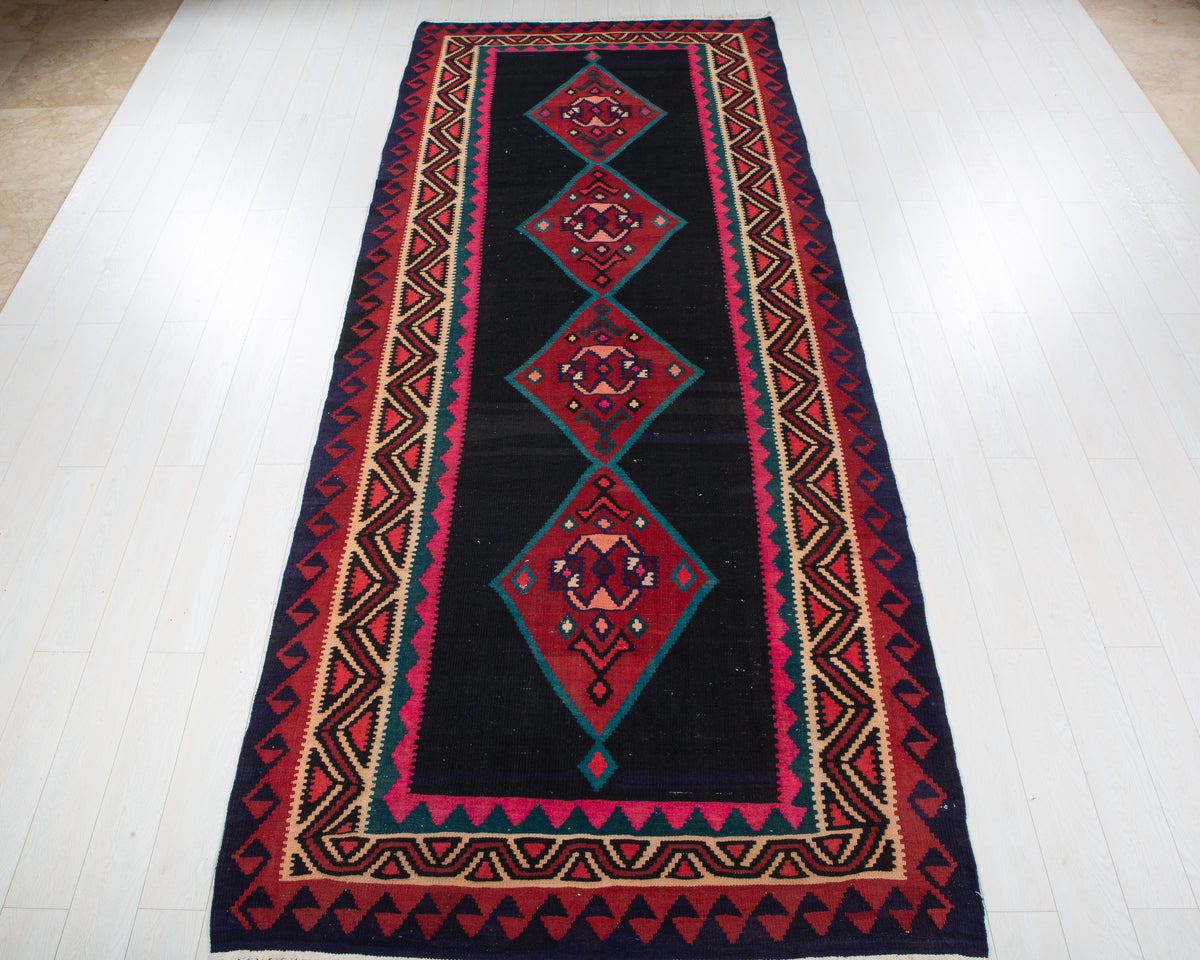 Vintage Deep Navy Blue, Pink & Red Handwoven Kilim – 12' 9" x 5' 3" (389 x 160 cm)