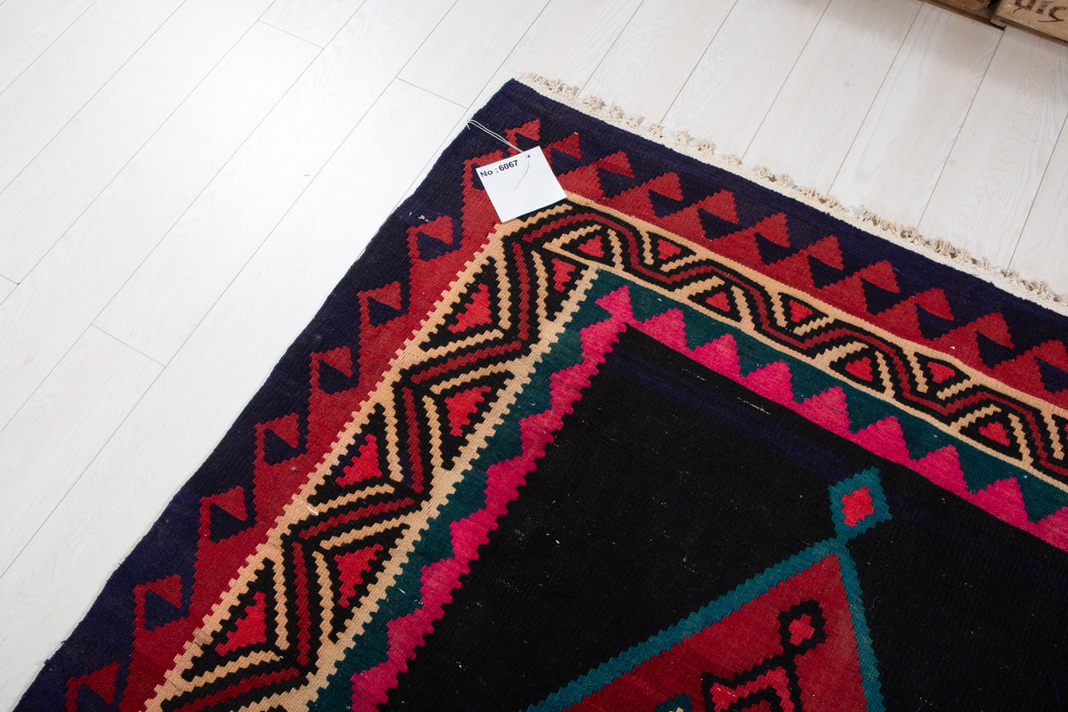 Vintage Deep Navy Blue, Pink & Red Handwoven Kilim – 12' 9" x 5' 3" (389 x 160 cm)