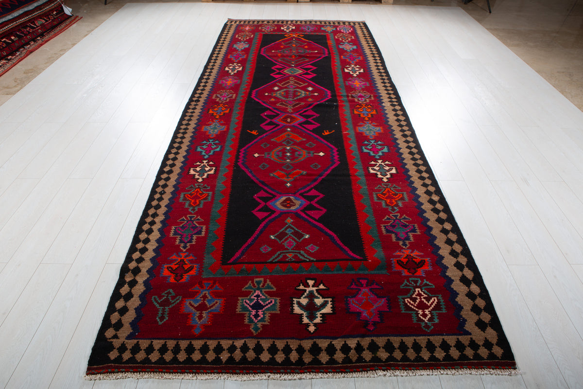 Vintage Deep Navy Blue, Pink & Red Handwoven Kilim – 13' 0" x 5' 0" (397 x 152 cm)