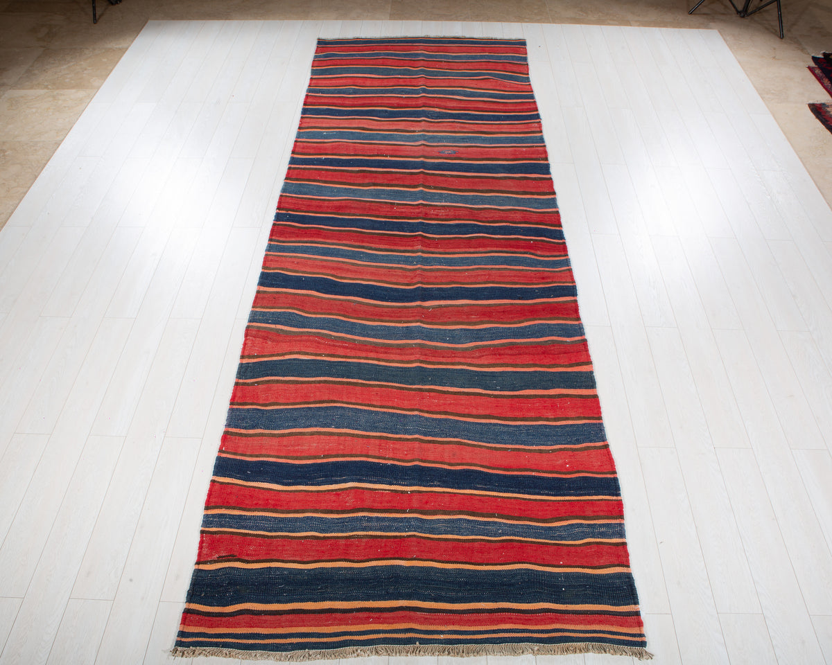 Vintage Red & Navy Blue Handwoven Kilim – 13' 4" x 4' 8" (406 x 141 cm)