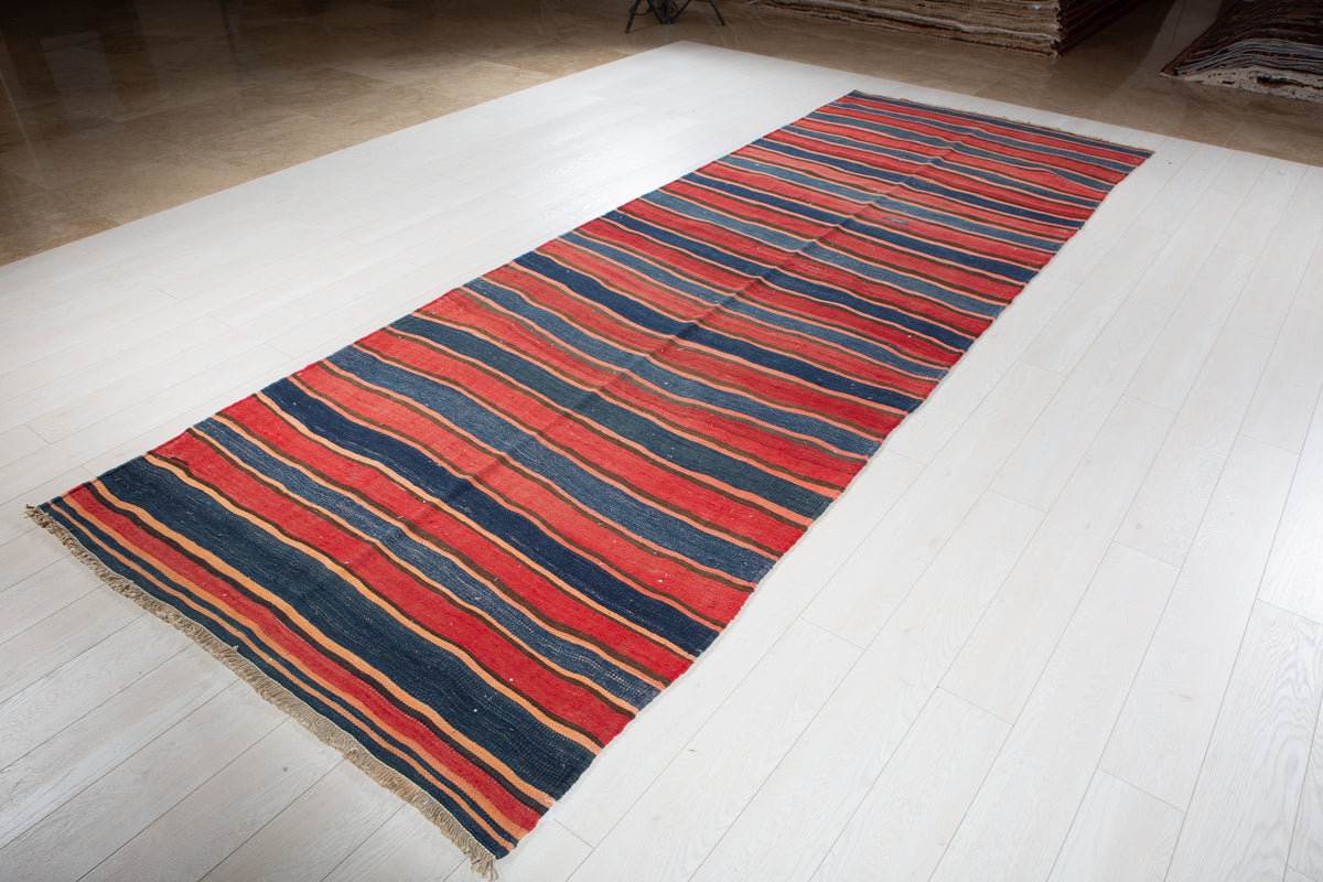 Vintage Red & Navy Blue Handwoven Kilim – 13' 4" x 4' 8" (406 x 141 cm)