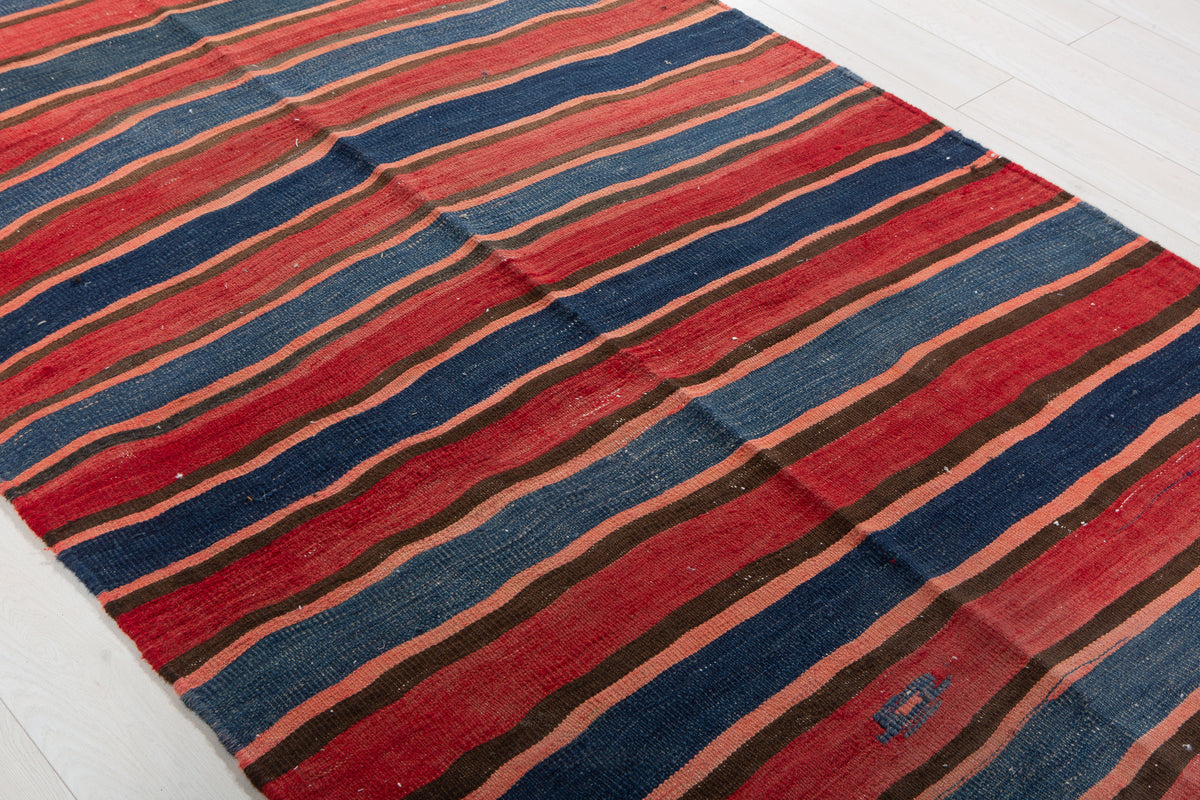 Vintage Red & Navy Blue Handwoven Kilim – 13' 4" x 4' 8" (406 x 141 cm)