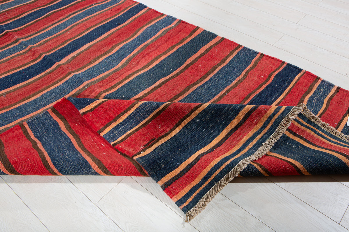 Vintage Red & Navy Blue Handwoven Kilim – 13' 4" x 4' 8" (406 x 141 cm)