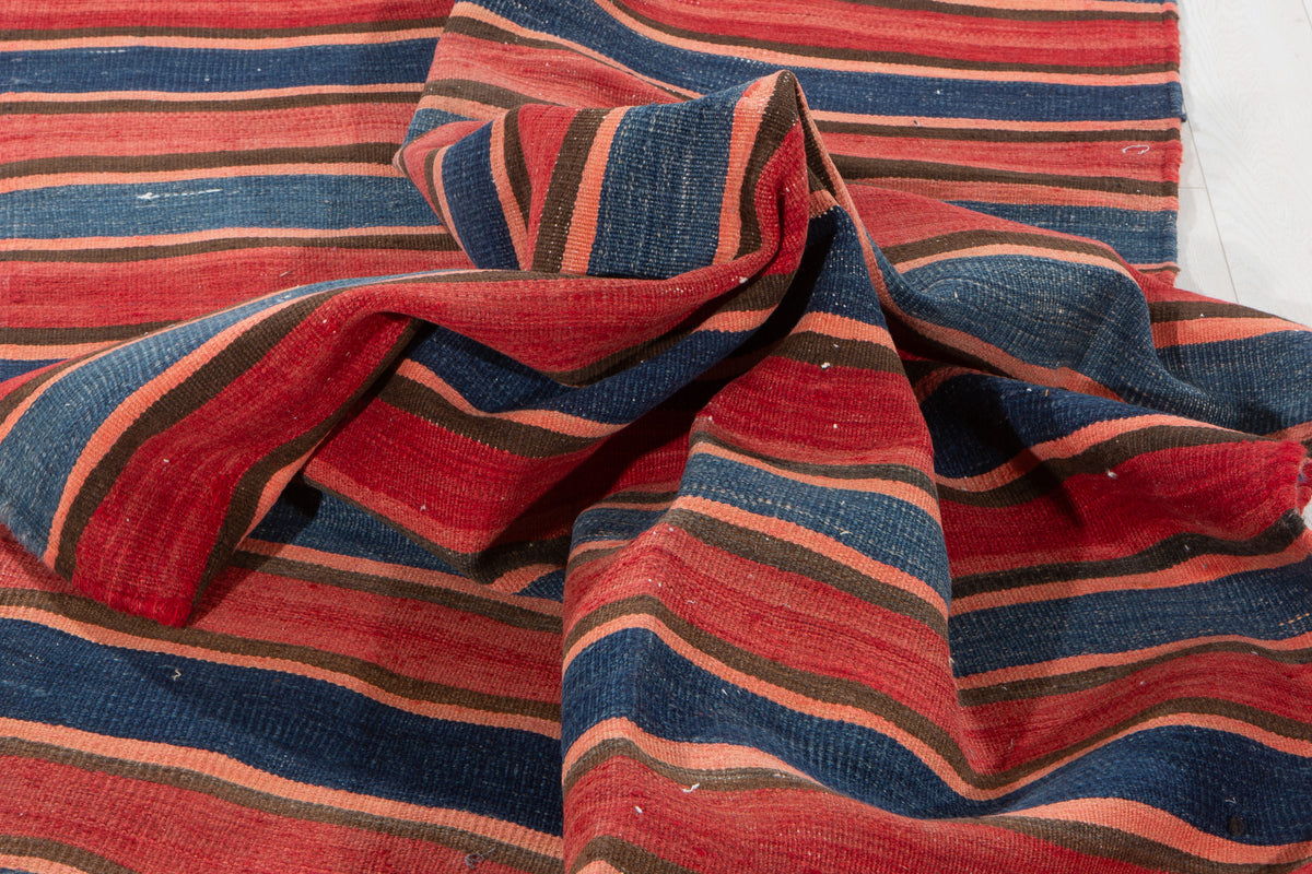 Vintage Red & Navy Blue Handwoven Kilim – 13' 4" x 4' 8" (406 x 141 cm)