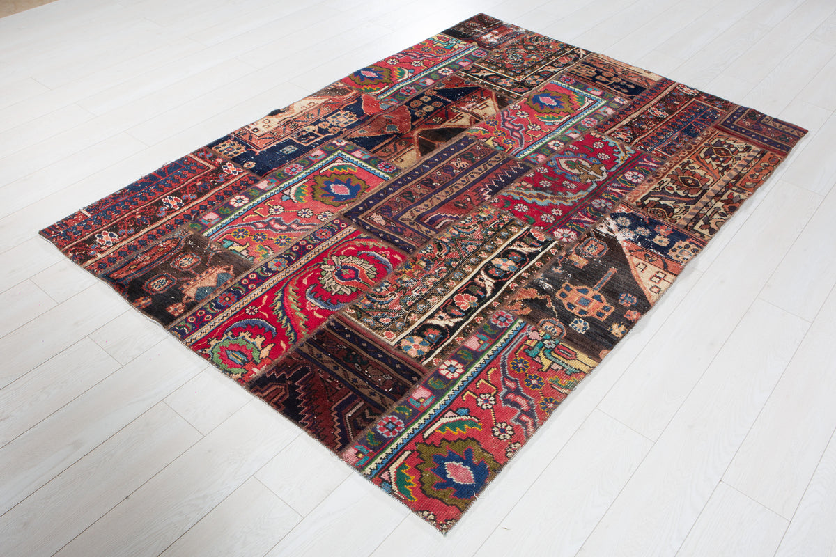 Vintage Multicolour Hand-Knotted Patchwork Rug – 6' 9" x 4' 8" (207 x 141 cm)