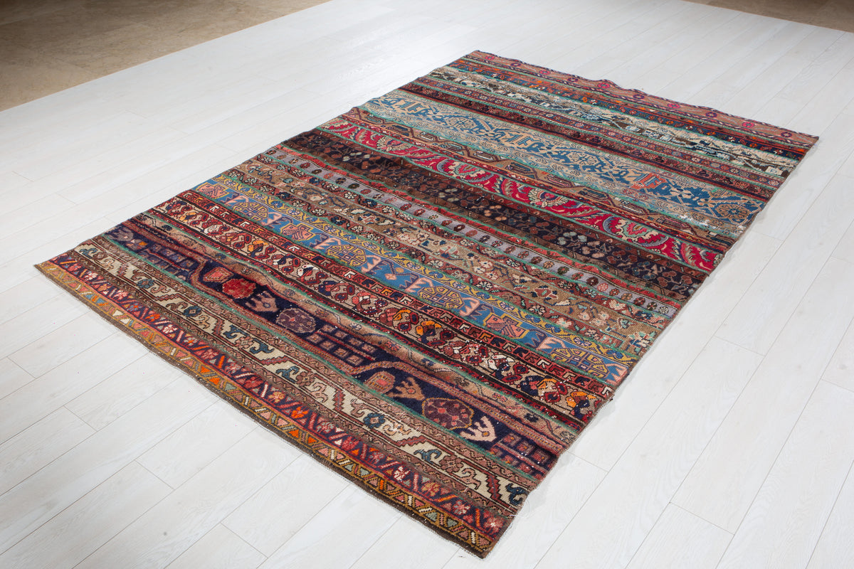 Vintage Multicolour Hand-Knotted Patchwork Rug – 7' 11" x 5' 5" (242 x 166 cm)