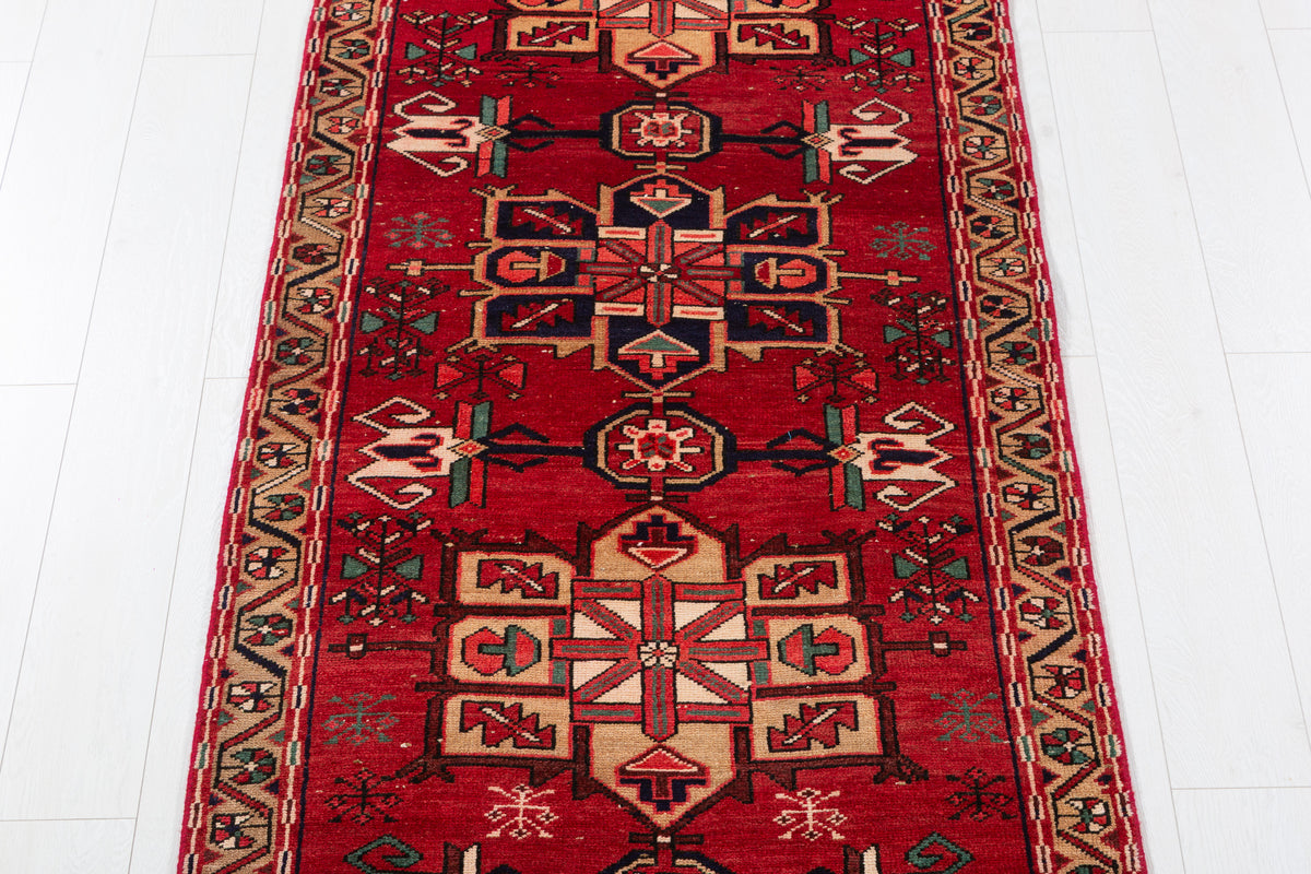 Antique Tribal Geometric Runner Rug, Red – 10' 0" x 3' 0" (304 x 92 cm)