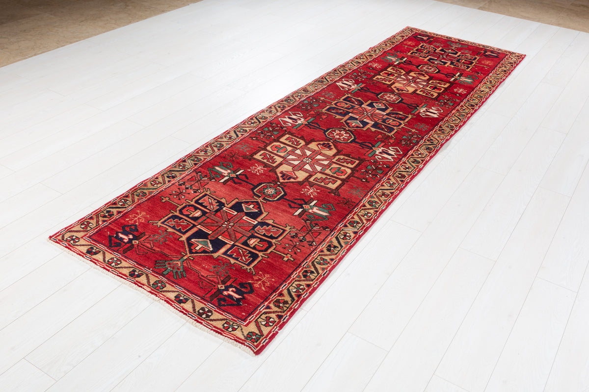 Antique Tribal Geometric Runner Rug, Red – 10' 0" x 3' 0" (304 x 92 cm)