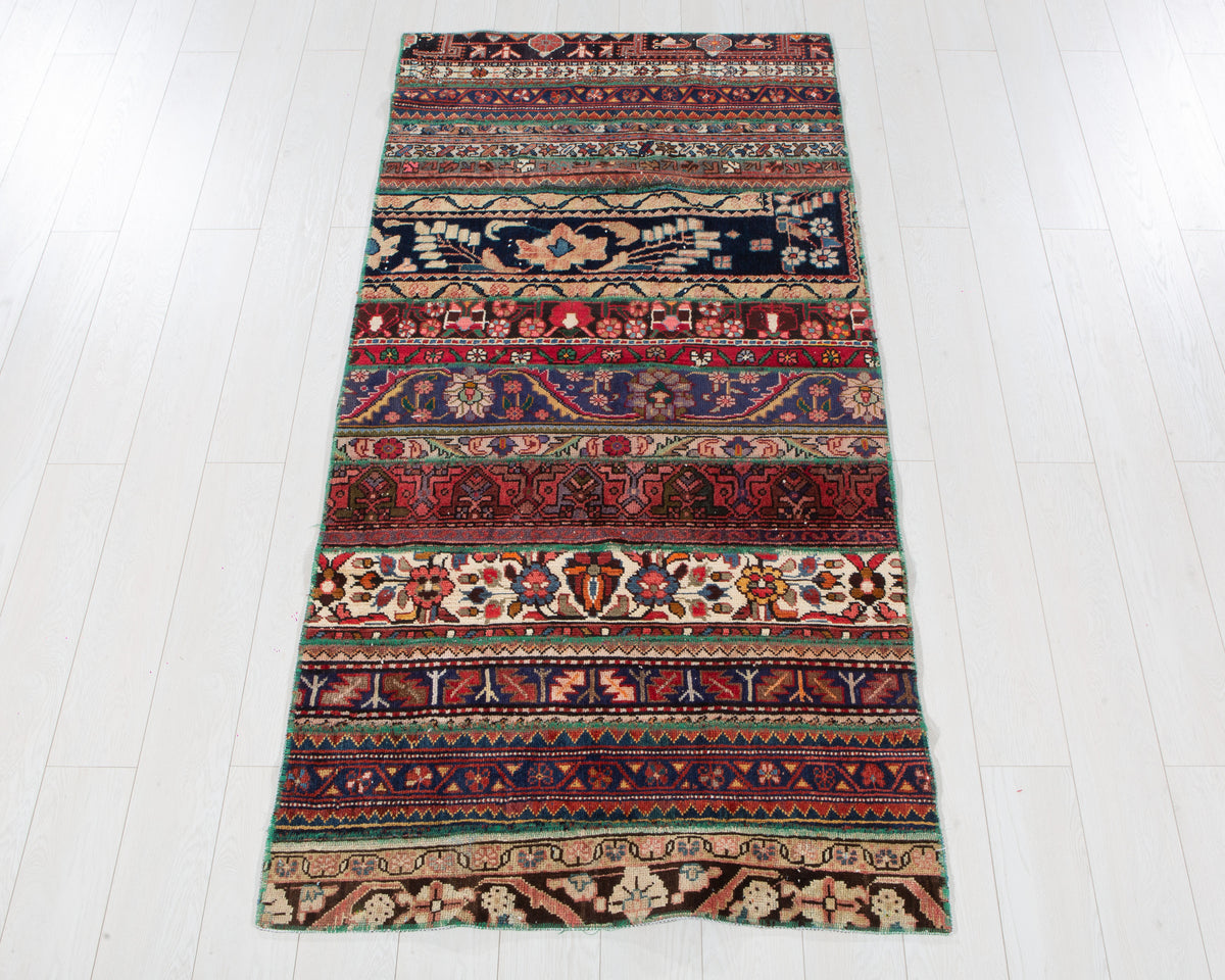 Vintage Multicolour Hand-Knotted Patchwork Rug – 6' 11" x 3' 4" (211 x 101 cm)