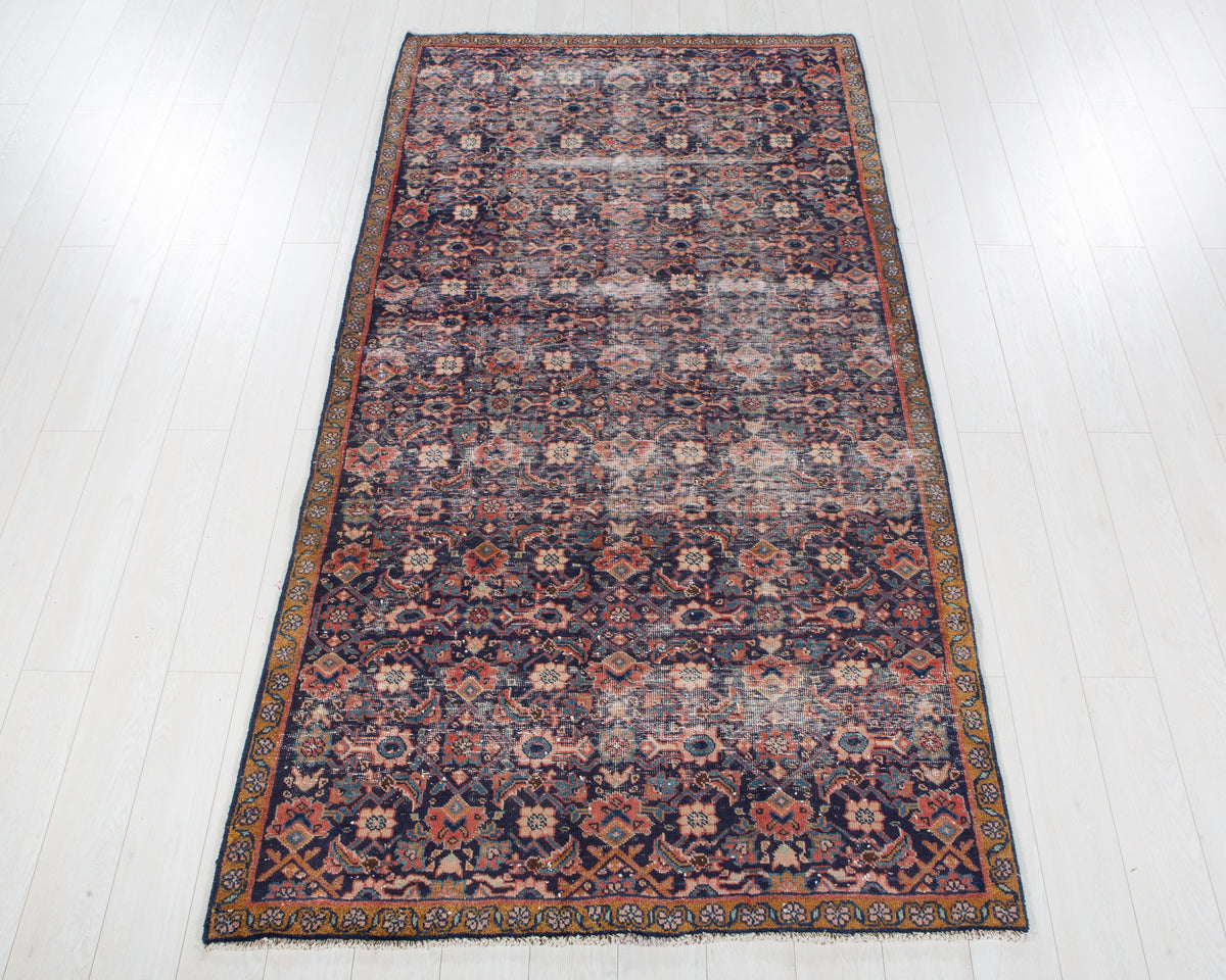 Antique Navy Blue Hand-Knotted Wool Rug – 8' 7" x 4' 5" (261 x 135 cm)