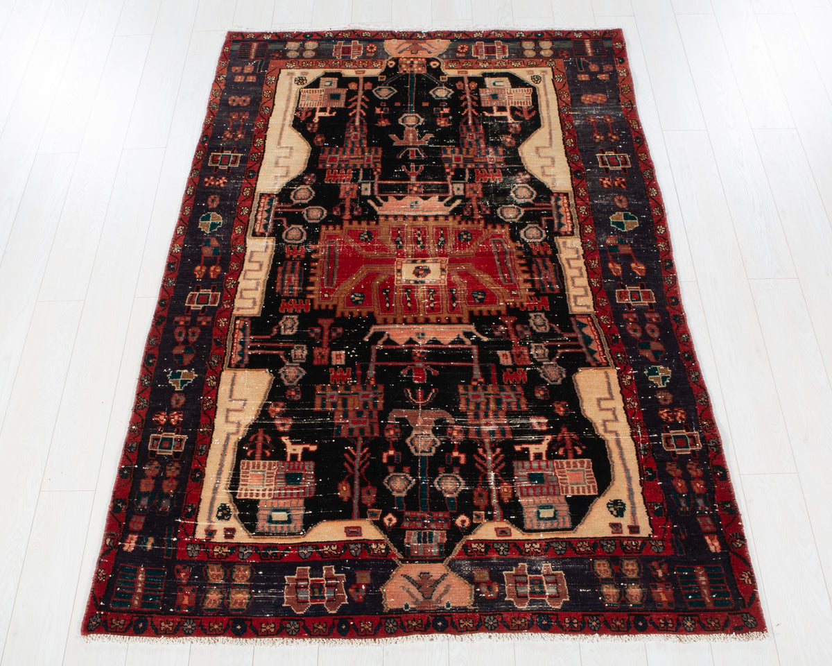 Antique Deep Navy Blue & Red Hand-Knotted Wool Rug – 7' 0" x 4' 10" (213 x 147 cm)