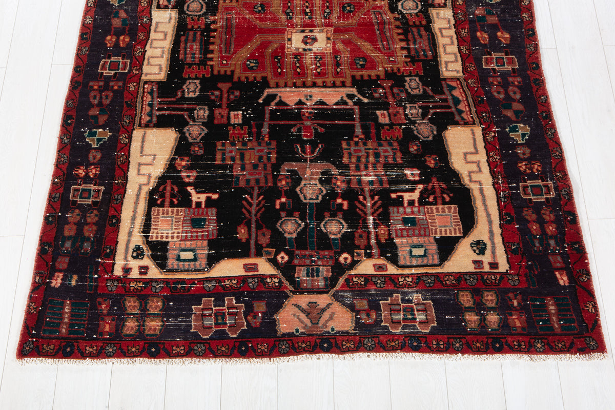 Antique Deep Navy Blue & Red Hand-Knotted Wool Rug – 7' 0" x 4' 10" (213 x 147 cm)