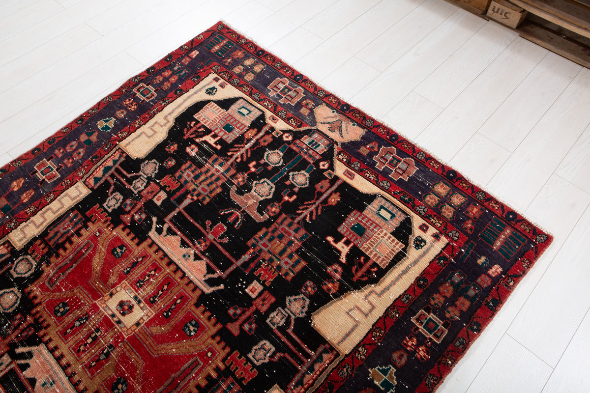 Antique Deep Navy Blue & Red Hand-Knotted Wool Rug – 7' 0" x 4' 10" (213 x 147 cm)