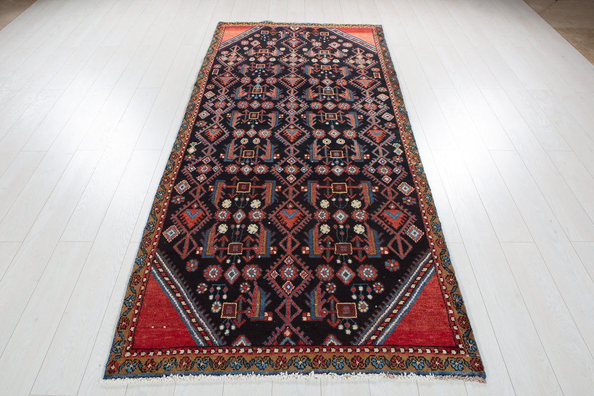 Antique Deep Navy Blue & Red Hand-Knotted Wool Rug – 8' 10" x 3' 11" (270 x 119 cm)