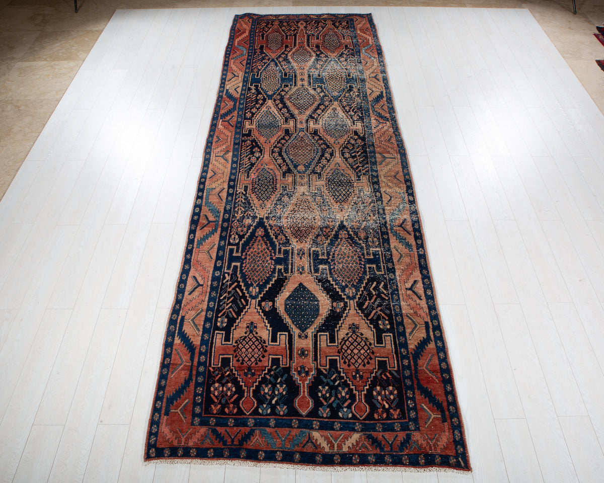 Antique Deep Navy Blue & Red Hand-Knotted Wool Rug – 13' 10" x 4' 6" (421 x 138 cm)