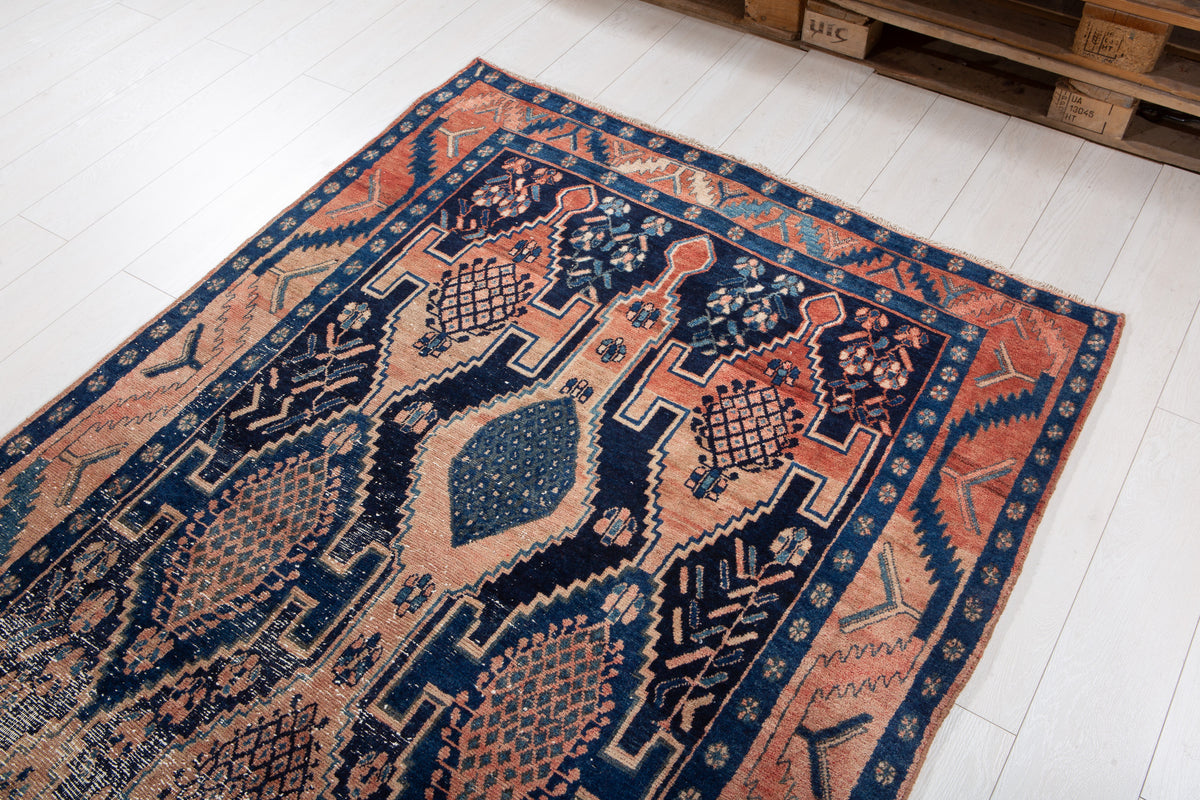 Antique Deep Navy Blue & Red Hand-Knotted Wool Rug – 13' 10" x 4' 6" (421 x 138 cm)