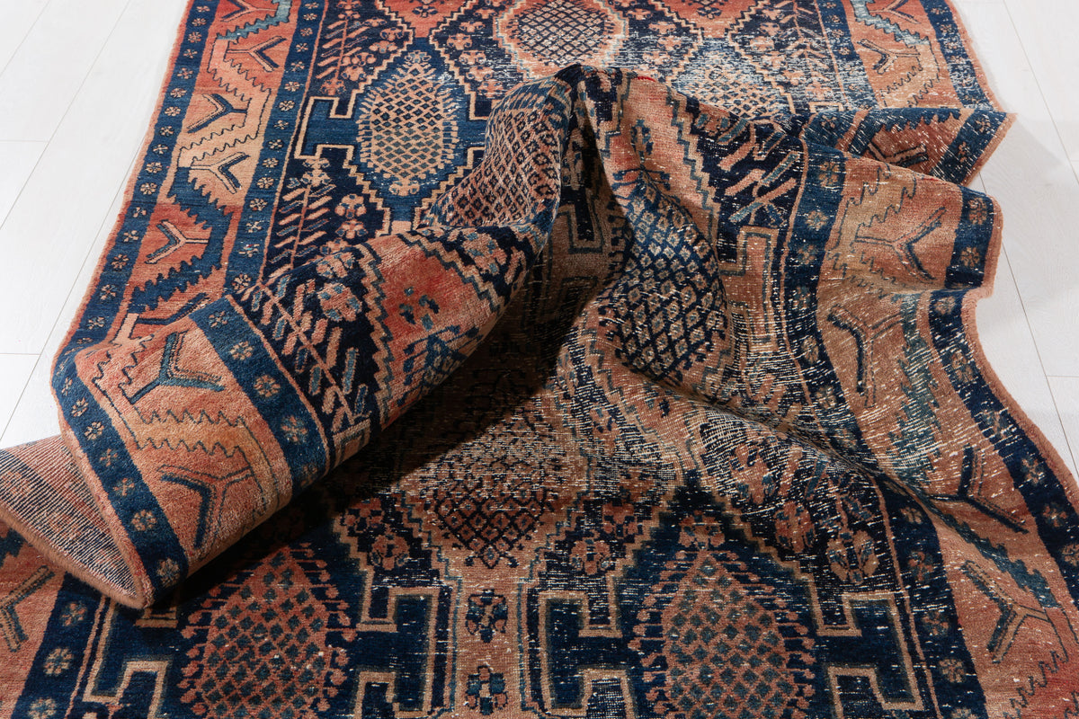 Antique Deep Navy Blue & Red Hand-Knotted Wool Rug – 13' 10" x 4' 6" (421 x 138 cm)