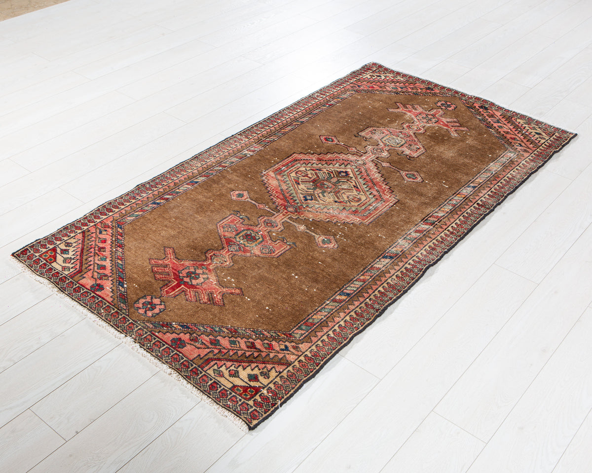 Antique Brown & Red Hand-Knotted Wool Rug – 6' 2" x 3' 3" (187 x 98 cm)