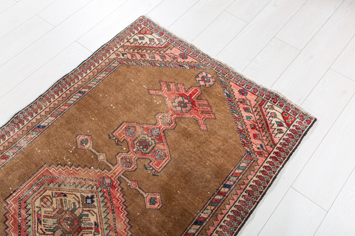 Antique Brown & Red Hand-Knotted Wool Rug – 6' 2" x 3' 3" (187 x 98 cm)