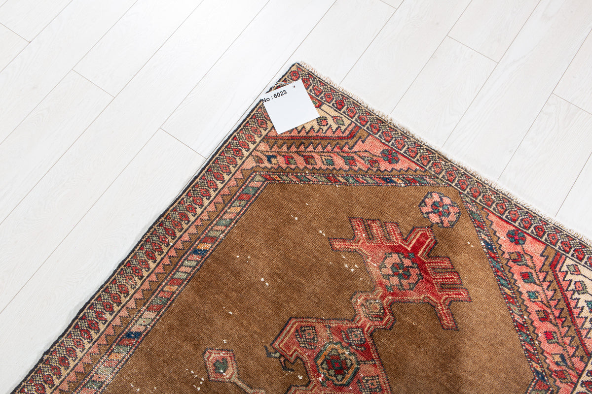 Antique Brown & Red Hand-Knotted Wool Rug – 6' 2" x 3' 3" (187 x 98 cm)