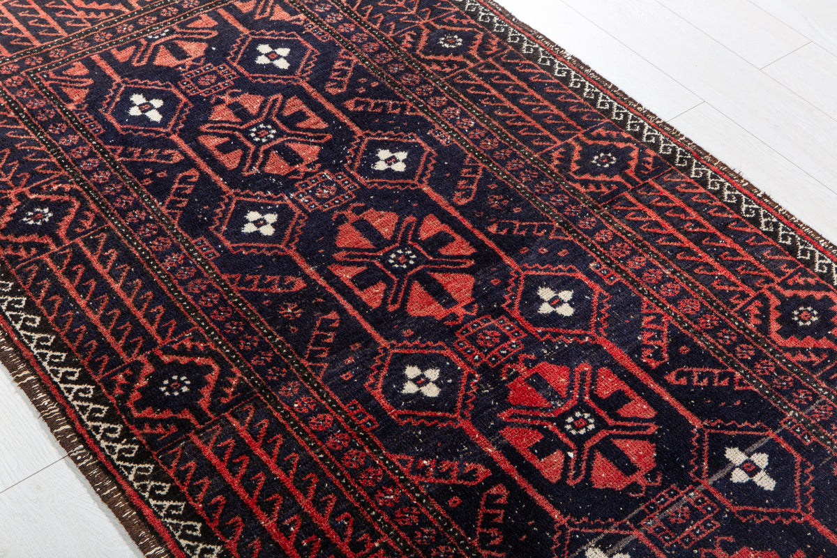 Antique Deep Navy Blue & Red Hand-Knotted Wool Rug – 6' 3" x 3' 6" (191 x 107 cm)