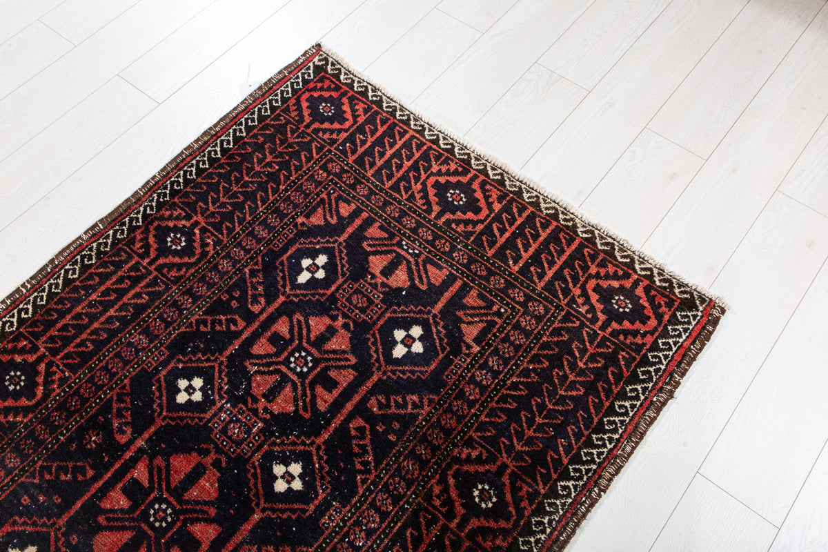 Antique Deep Navy Blue & Red Hand-Knotted Wool Rug – 6' 3" x 3' 6" (191 x 107 cm)