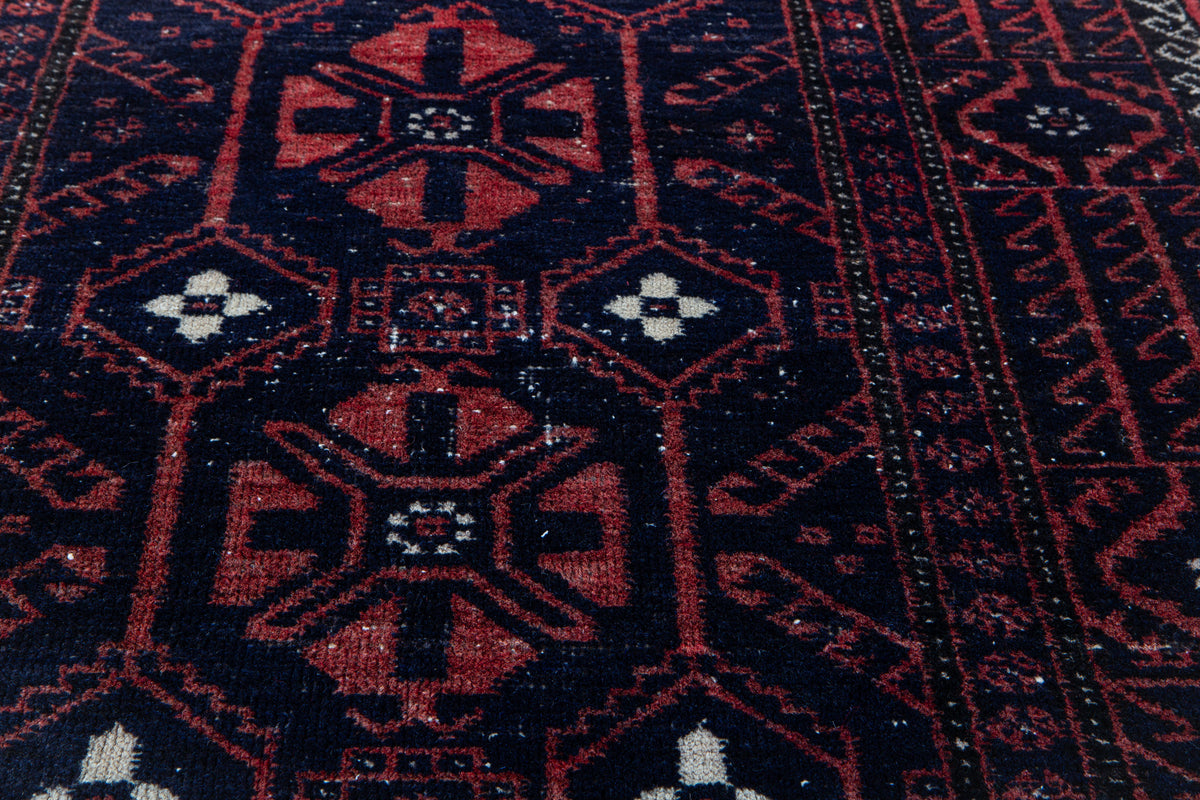 Antique Deep Navy Blue & Red Hand-Knotted Wool Rug – 6' 3" x 3' 6" (191 x 107 cm)