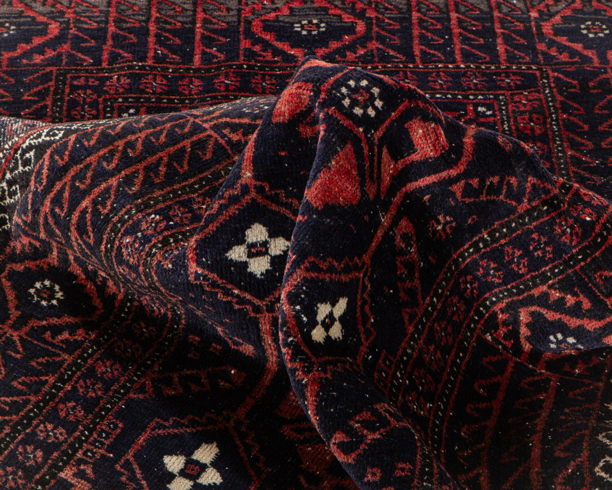 Antique Deep Navy Blue & Red Hand-Knotted Wool Rug – 6' 3" x 3' 6" (191 x 107 cm)